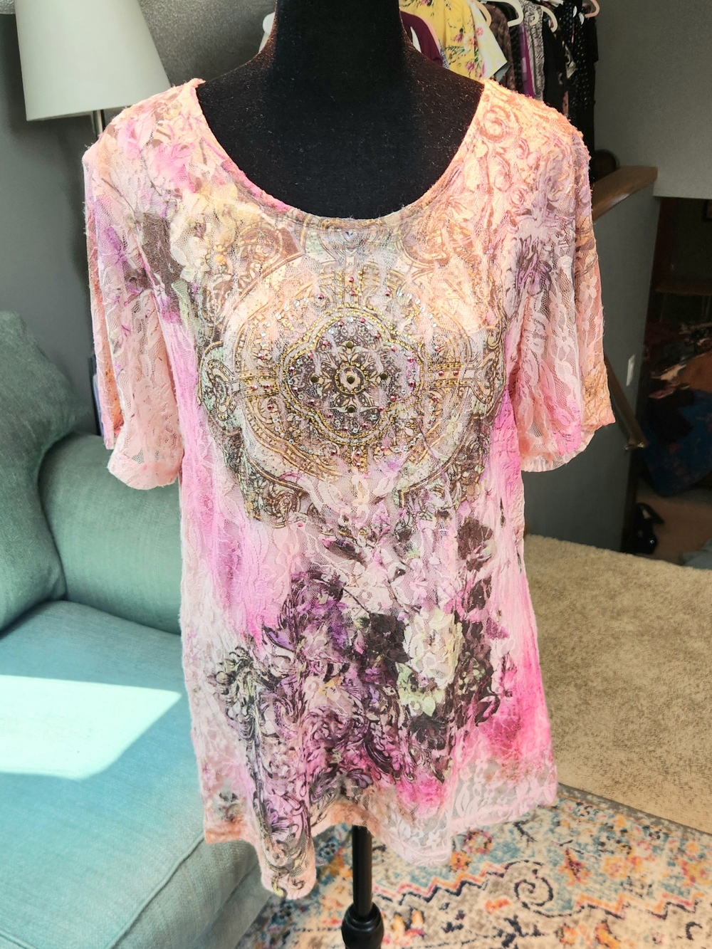 Christopher & Banks Women's Pink Floral Embellished Short Sleeve Top Sparkly L